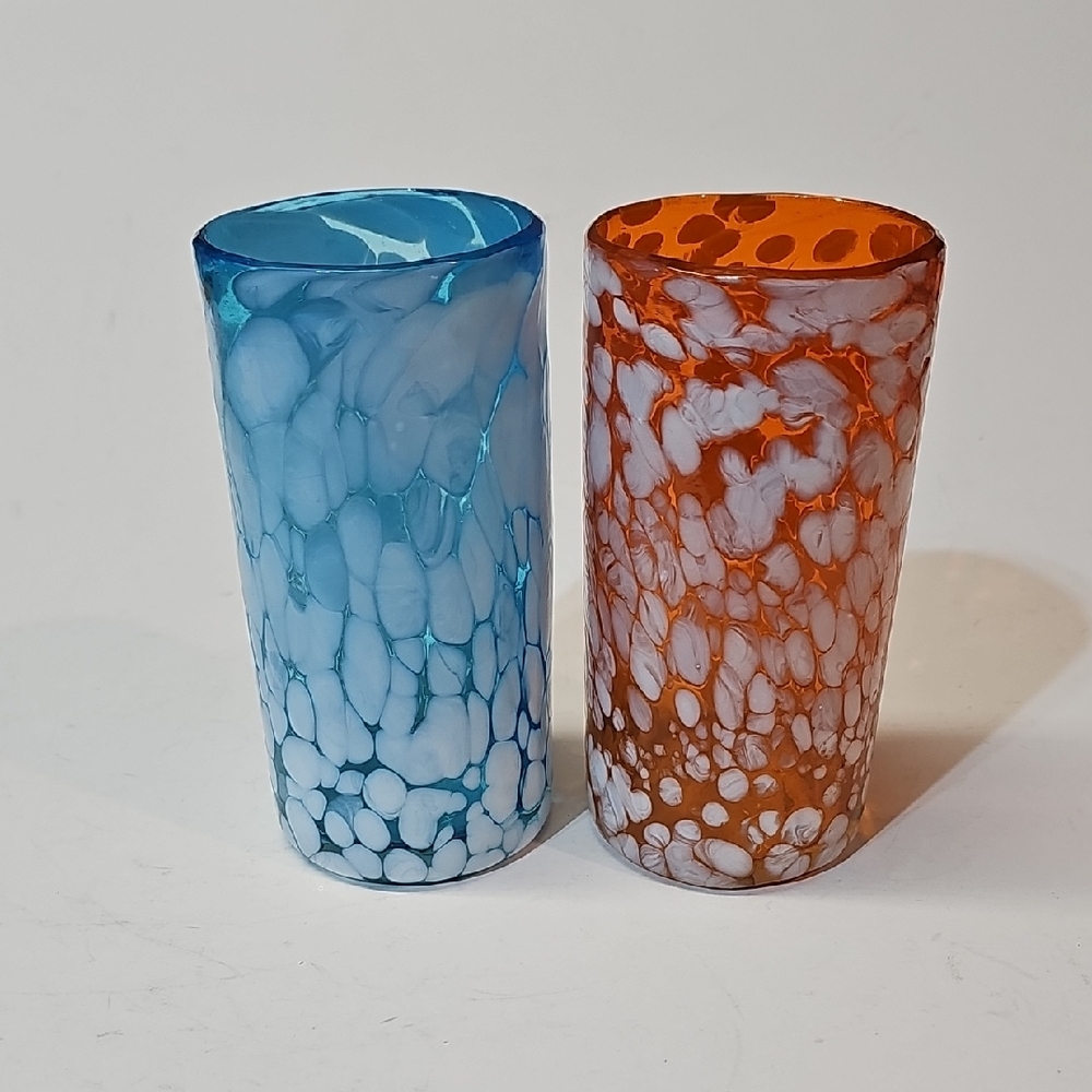 S/2 Vintage Italian Hand Blown White Speckled Glass Tumblers - Blue and Orange